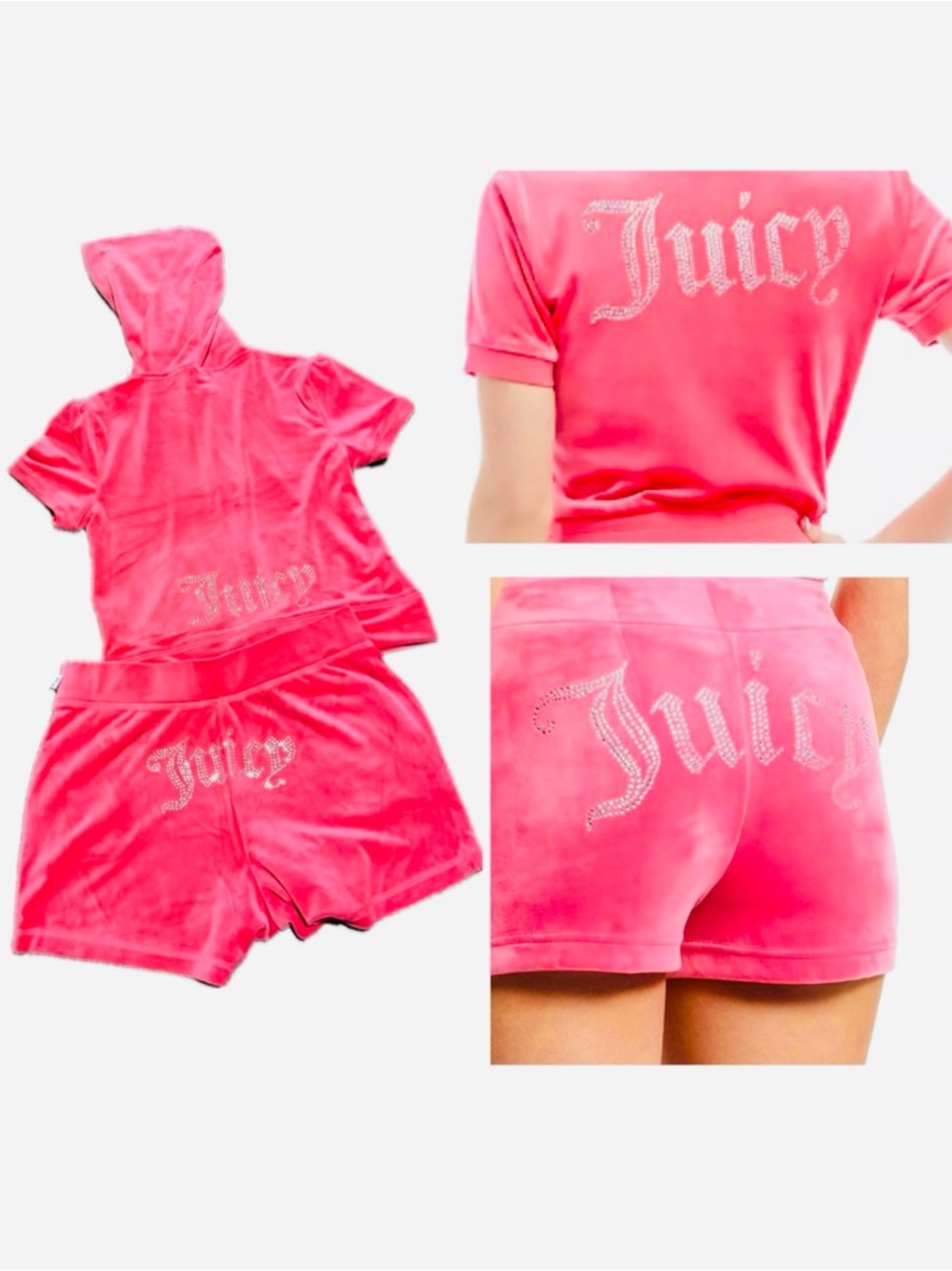 New Juicy Couture OG Bling Pink Velour Zip-Up Hoodie and Shorts Set